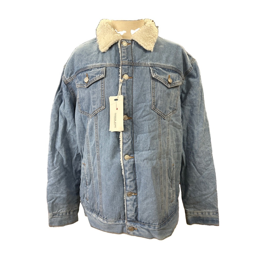 Fashion Jeans Women's Denim Jacket 2XL Light Blue Sherpa Style Heavy Long Sleeve